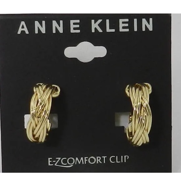 NWT Anne Klein Earrings gold tone E-Z Comfort Clip On- hoops Basket Weave - Picture 1 of 14